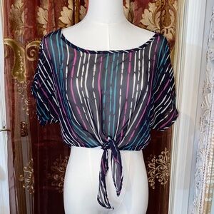 UK2LA Multicolor Striped Sheer Tie-Front Crop Top